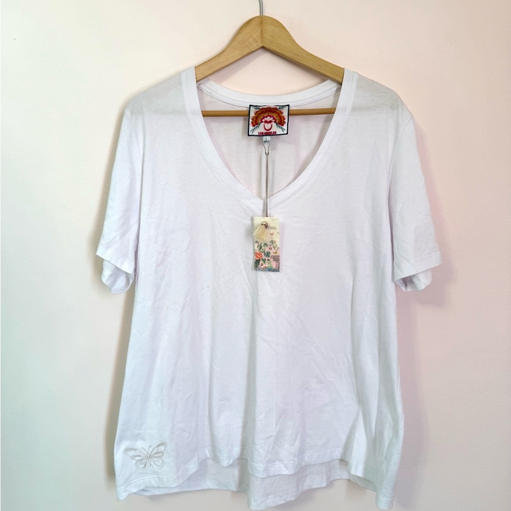 JOHNNY WAS v neck short sleeve Cotton T-Shirt white Butterfly Women's SIZE L NWT